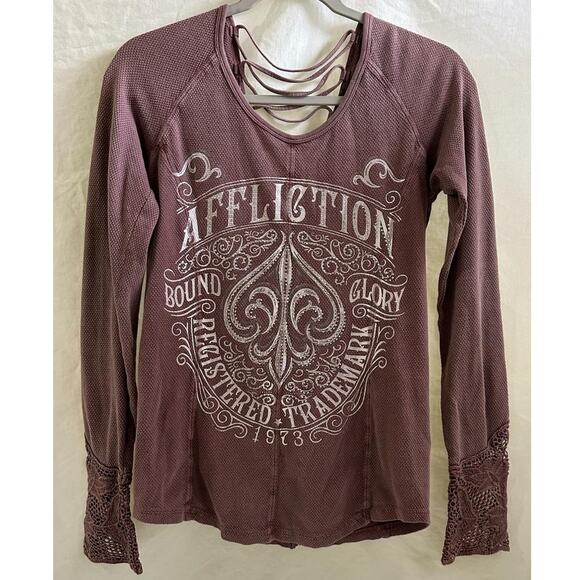 Affliction Y2K 90s Medium Knit Strap Detail Rhinestone Bling Long Sleeve Shirt - Picture 1 of 7